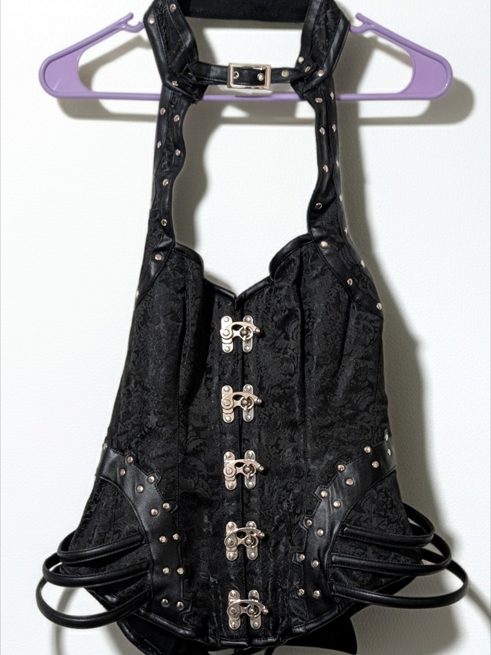Goth Black Brocade Corset Halter Top Vegan Leather Studded XXL